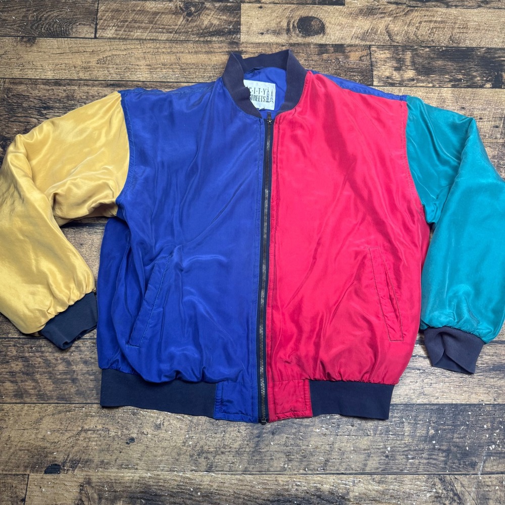 CITY STREETS Color Block Silk Bomber Jacket Women's Size M